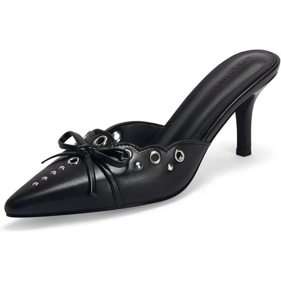 💫 Women Black Bow Tie Mule Heels Pointed Toe Studded Backless
